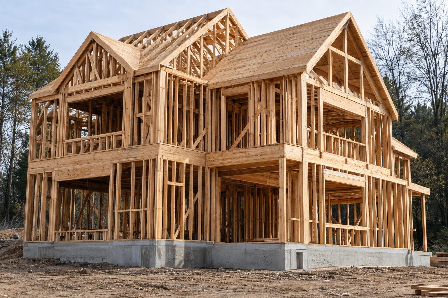Two-story timber frame on a new concrete foundation