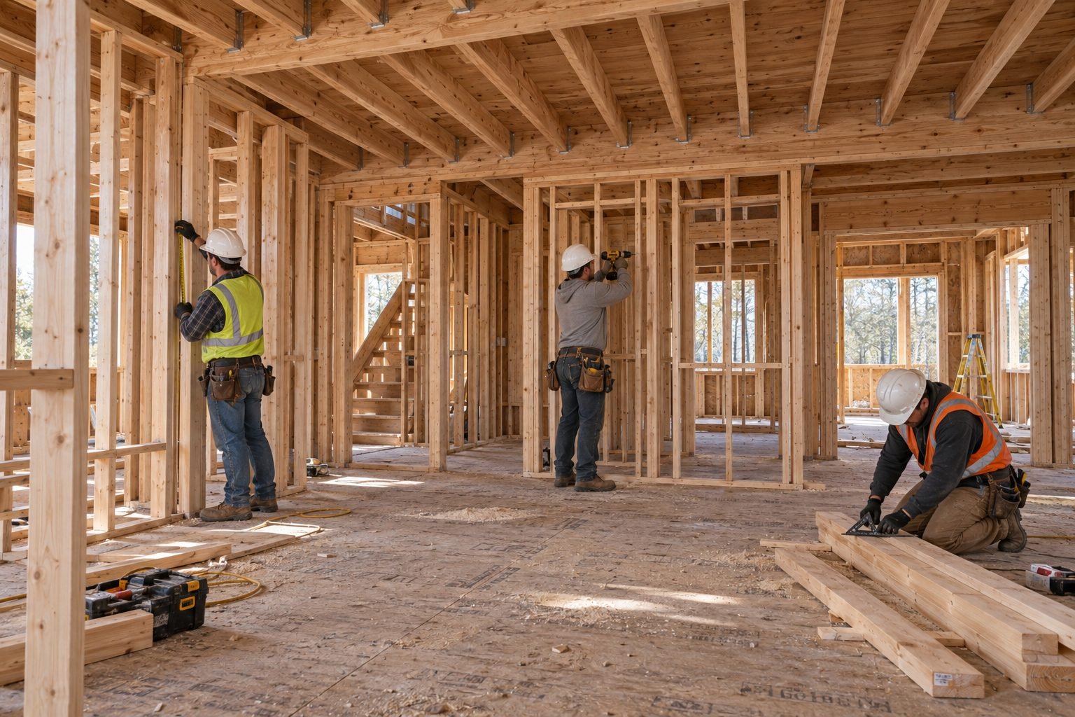 Carpenters measuring and fastening interior wall framing