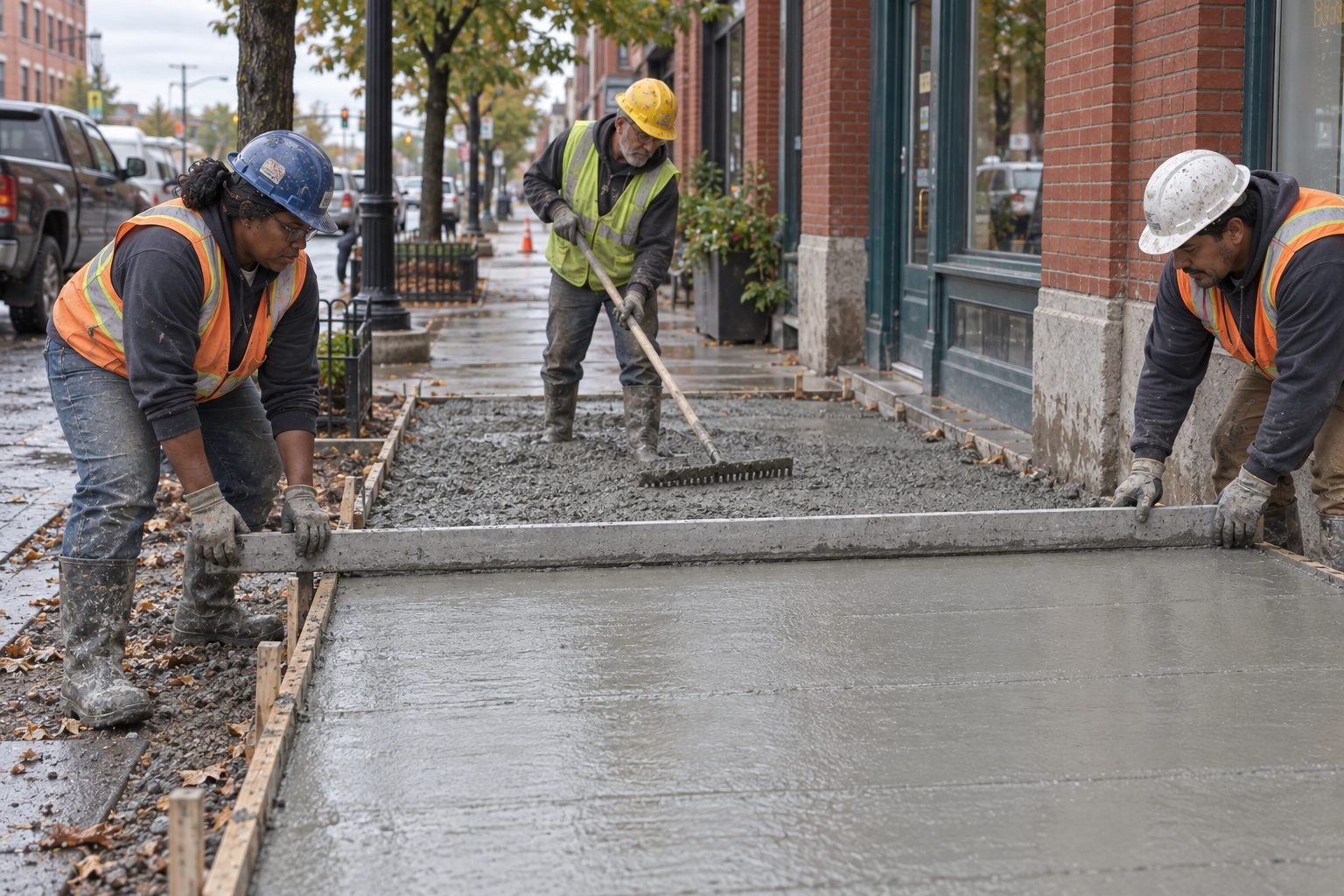 Crew placing and screeding a new concrete sidewalk along a commercial storefront